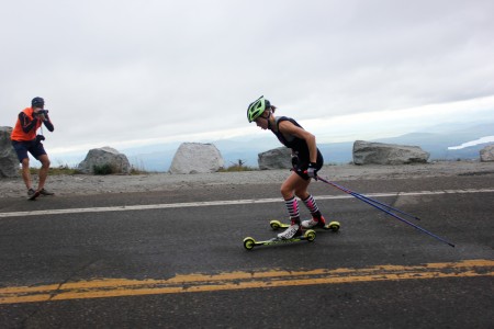 Liz Stephen (USST/Burke) sporting pink lightening bolts on her socks as she rockets her way to her fourth Climb to the Castle win in four years. 
