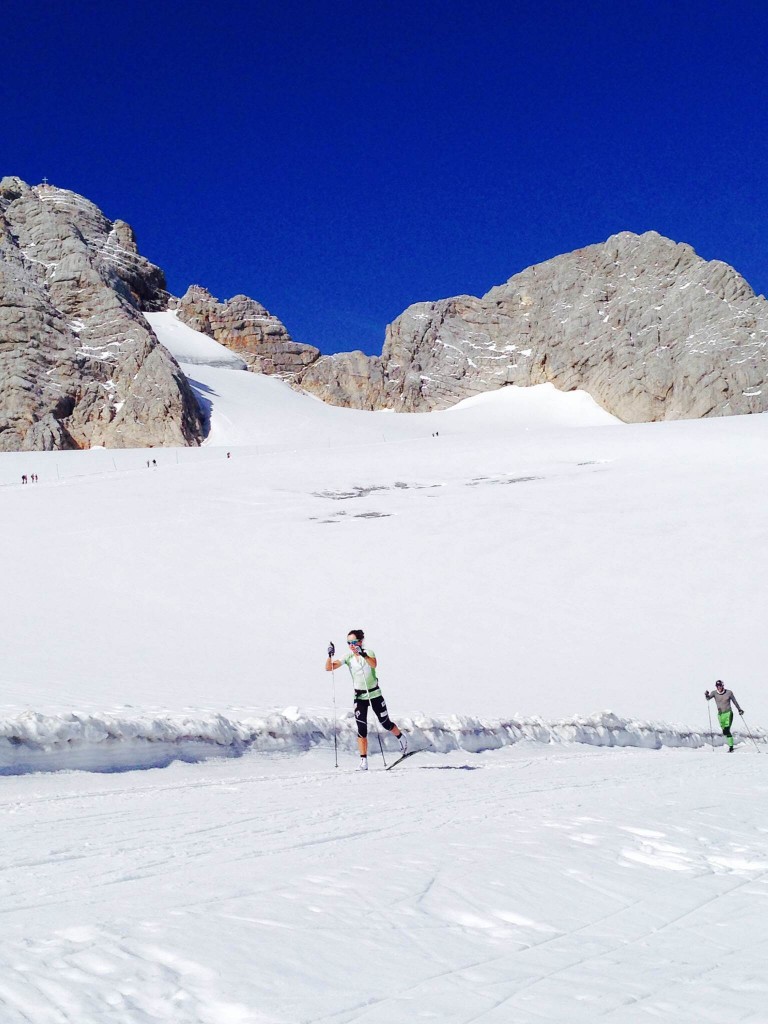 Caitlin Patterson (GRP) takes advantage of the sunshine to ski the firm and fast conditions of the Dachstien Glacier in Ramsau, Austria as part of the GRP's on-snow training camp. (Photo: GRP Blog) 