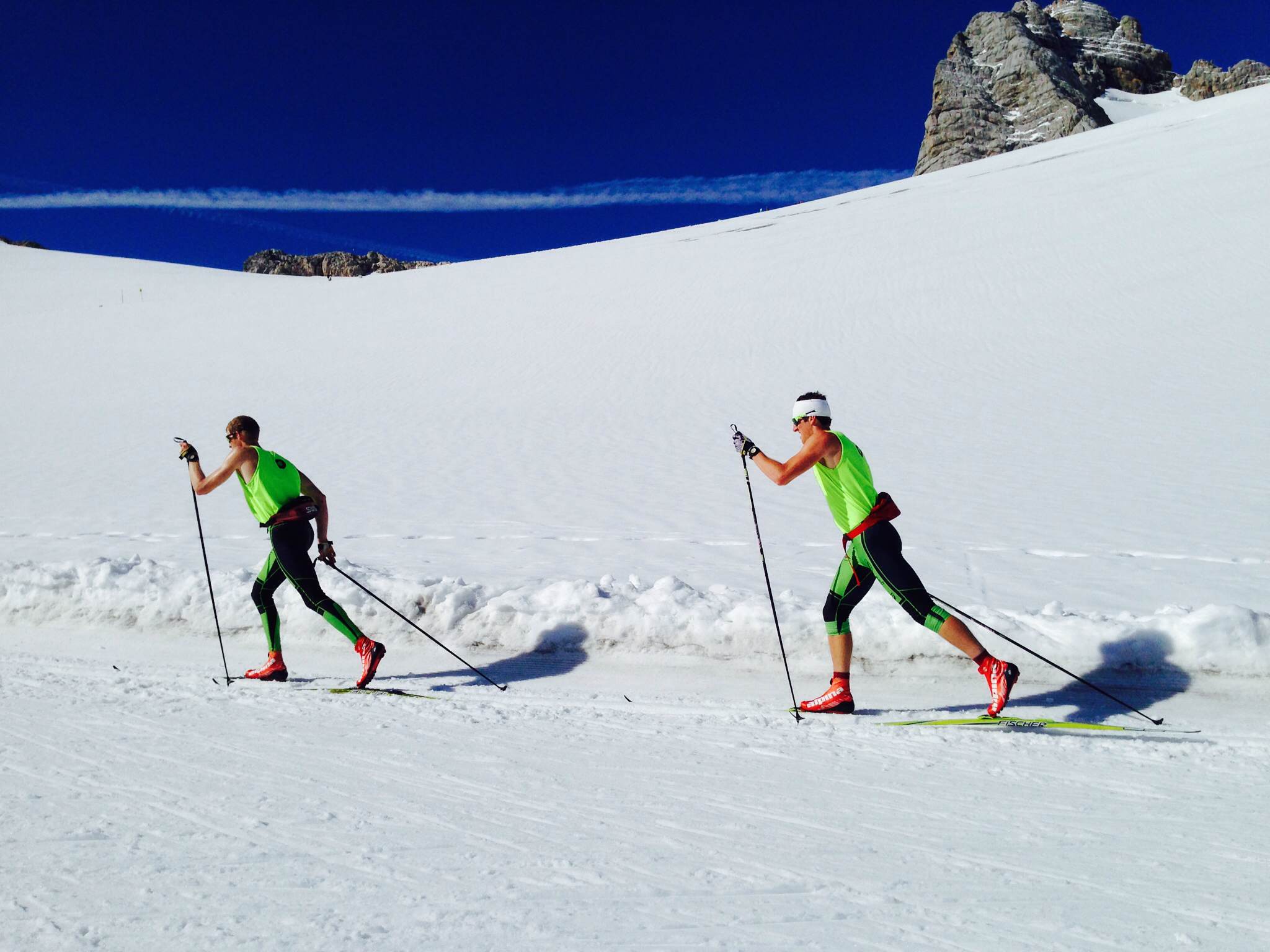 Craftsbury Green Racing Project skiers traverse the Dachstien Glacier in Rasmau, Austria as part of the teams on-snow camp in September 2014.  