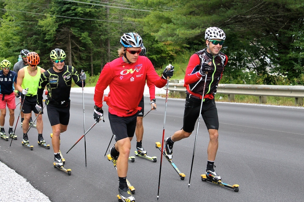 Canadians Alex Harvey (r), Devon Kershaw (front left) lead six others, including Ivan Babikov (third from l), Kris Freeman (second from l) and Andy Newell (l), during a combi over-distance rollerski near Stratton, Vt.