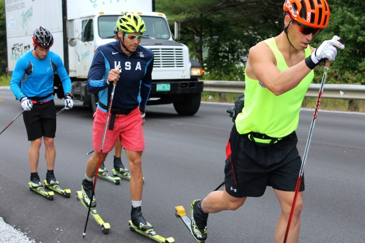 Kris Freeman (r) leads Andy Newell (c) during a rollerski workout in lAugust in Stratton, Vt. There, he trained with the Stratton Mountain School T2 Team as well as the Canadian World Cup Team (not shown).