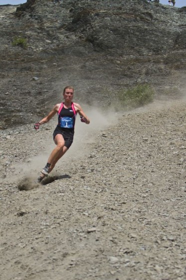 Christy Marvin descends during the 2014 Mt. Marathon race. During the descent she made up over two minutes on winner Holly Brooks, to finish only three seconds behind. Photo courtesy Cole Deal Photography.