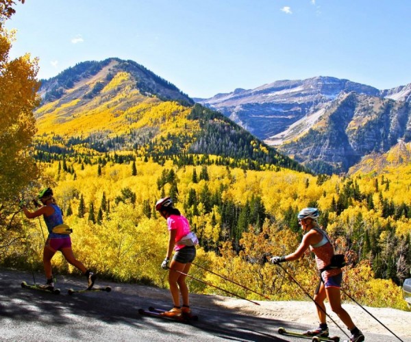 Jessie Diggins (USST/SMST2) leads a train of skiers through the fall foliage and stunning views at the American Fork in Utah. (Photo: USSA) 