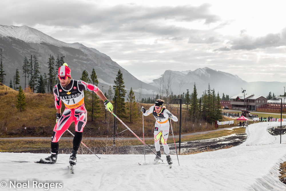 Scott Perras (l) with Devon Kershaw on his heels in Monday's Frozen Thunder distance race at the Canmore Nordic Centre. (Photo: Noel Rogers/Bow Valley Photography)