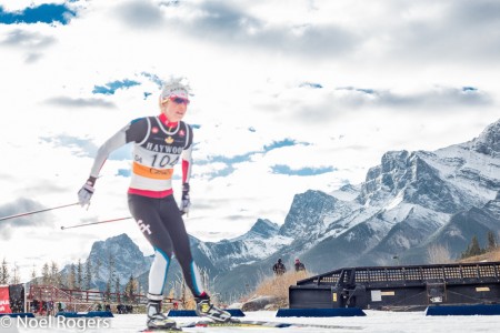 Heidi Widmer racing to ninth in the women's freestyle distance race at Frozen Thunder on Oct. 27 in Canmore, Alberta. (Photo: Noel Rogers/Bow Valley Photography)