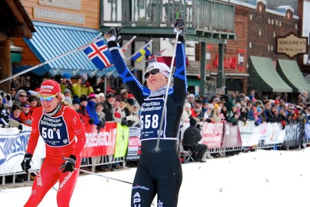 Holly Brooks winning the 2012 American Birkebeiner, four-tenths of a second ahead of Caitlin Gregg (l), for her first Birkie title. (Photo: Darlene Prois/American Birkebeiner) http://fasterskier.com/article/brooks-outsprints-gregg-for-birkie-victory/