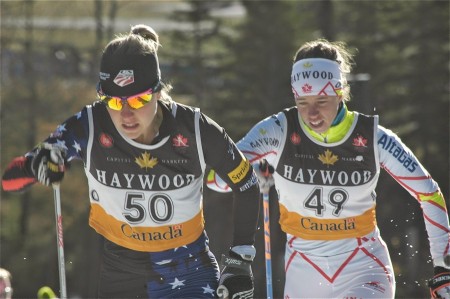 Ida Sargent (U.S. Ski Team/CGRP) leads Perianne Jones (Canadian NST) in round 2. The two went on to place first and second among women in the Frozen Thunder classic sprint on Friday. (Photo: Angus Cockney)