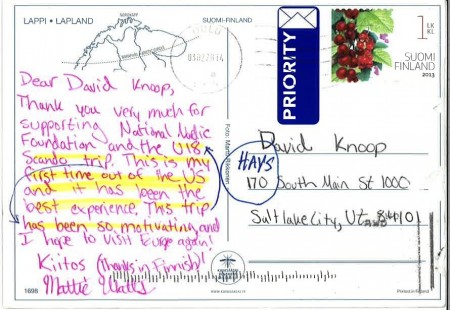 A thank-you postcard from Mattie Watts from New Brighton, Minn., now a freshman on the University of Vermont nordic team. 