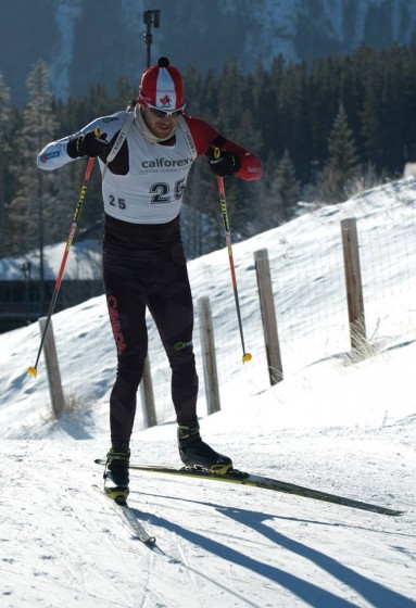 Nathan Smith racing to his second-straight win in two races at Biathlon Canada's World Cup/IBU Cup trials in Canmore, Alberta, which determined Canada's teams for World Cups 1, 2 and 3 this winter. Smith was prequalified. (Photo: Justin Brisbane)