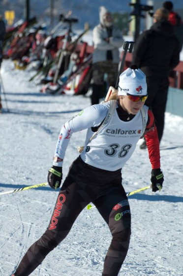 Audrey Vaillancourt (Biathlon Canada) racing to second in Friday's 7.2 k sprint at Frozen Thunder in Canmore, Alberta. (Photo: Photo: Justin Brisbane) 