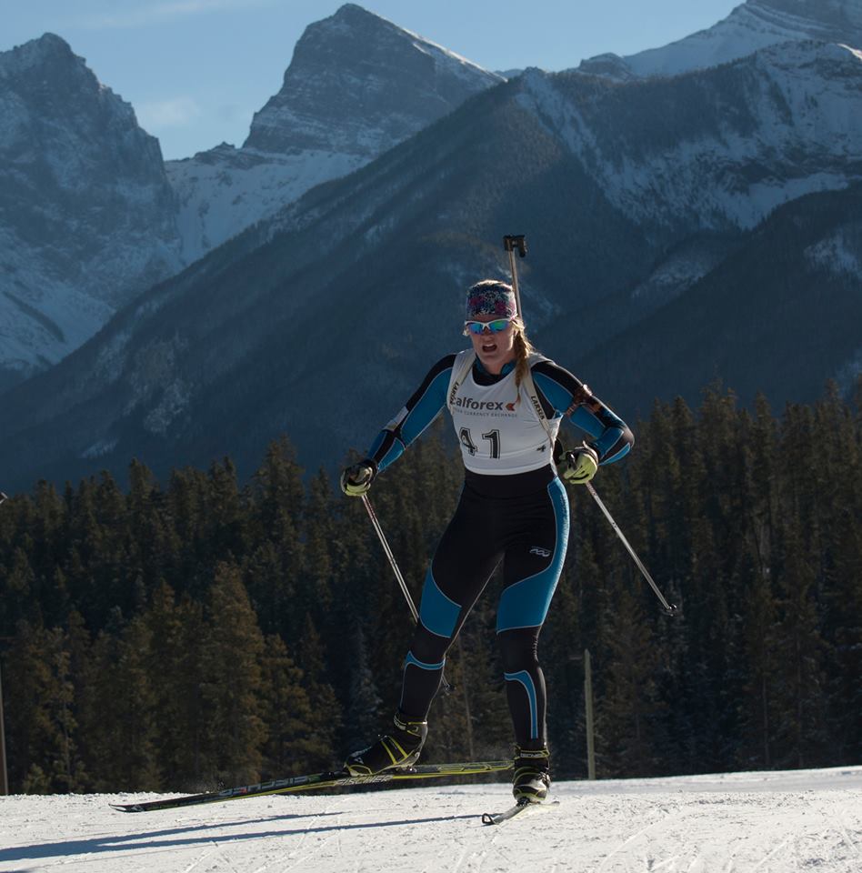 Sarah Beaudry (Biathlon Alberta) racing to third in the 7.2 k sprint at Frozen Thunder in Canmore, Alberta. (Photo: Photo: Justin Brisbane) 
