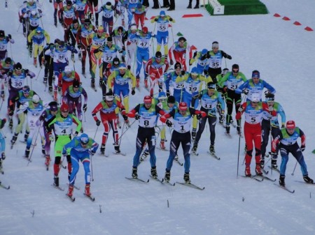 The start of one of the World University Games races in Trentino. Photo: UW Ski Team.