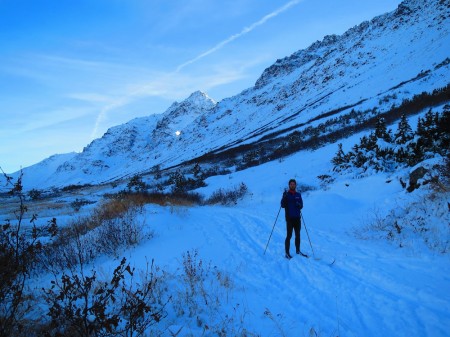 It's not Hatcher Pass, but he'll take it. Shannon Gramse begins a new ski season in Chugach State Park on October 21, 2014. Skiers shared this valley with a pair of brown bears feasting on a bull moose. (Courtesy photo) 
