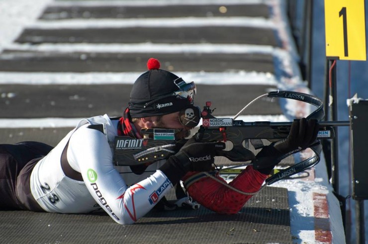 Mark-Andre Bedard (Team Quebec) shooting a perfect prone on Friday in the second sprint of Biathlon Canada's World Cup/IBU Cup trials. He went on to miss one standing to place third overall and make the World Cup team. (Photo: Justin Brisbane)