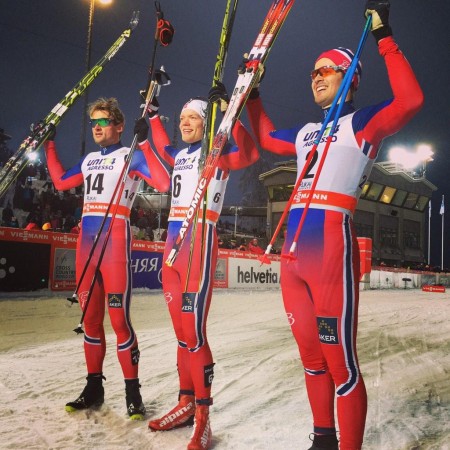 An all-Norwegian men's podium on Saturday at the 1.4 k classic-sprint World Cup opener in Kuusamo, Finland. Eirik Brandsdal (c) won it, Petter Northug (l) was second and Sondre Turvoll Fossli notched a career-best third in his first World Cup final. (Photo: FIS Cross Country/Twitter)