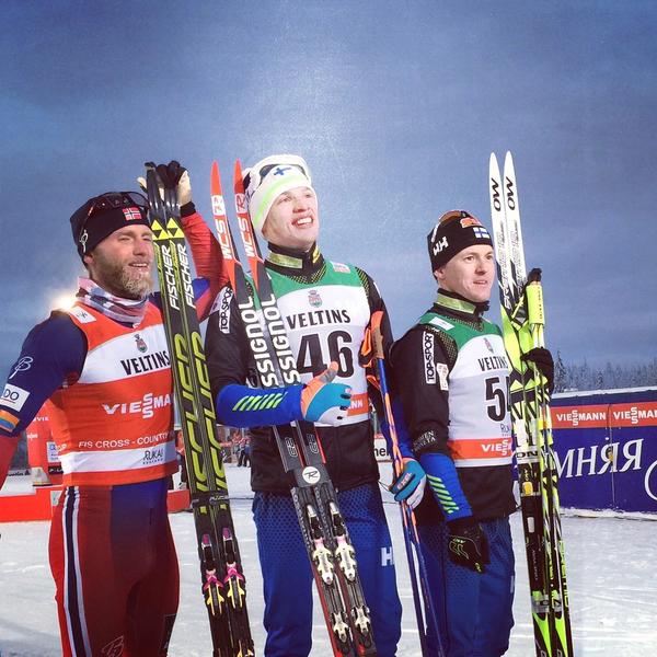 The men's 15 k classic podium in the first World Cup distance race of the 2014-2015 season in Kuusamo, Finland: with Finland's Iivo Niskanen (c) in first and Sami Jauhojärvi (r) in third, and Norway's Martin Johnsrud Sundby in second. Finland hopes to replicate that podium success when they host 2017 World Championships in Lahti. (Photo: FIS Cross Country/Twitter) 