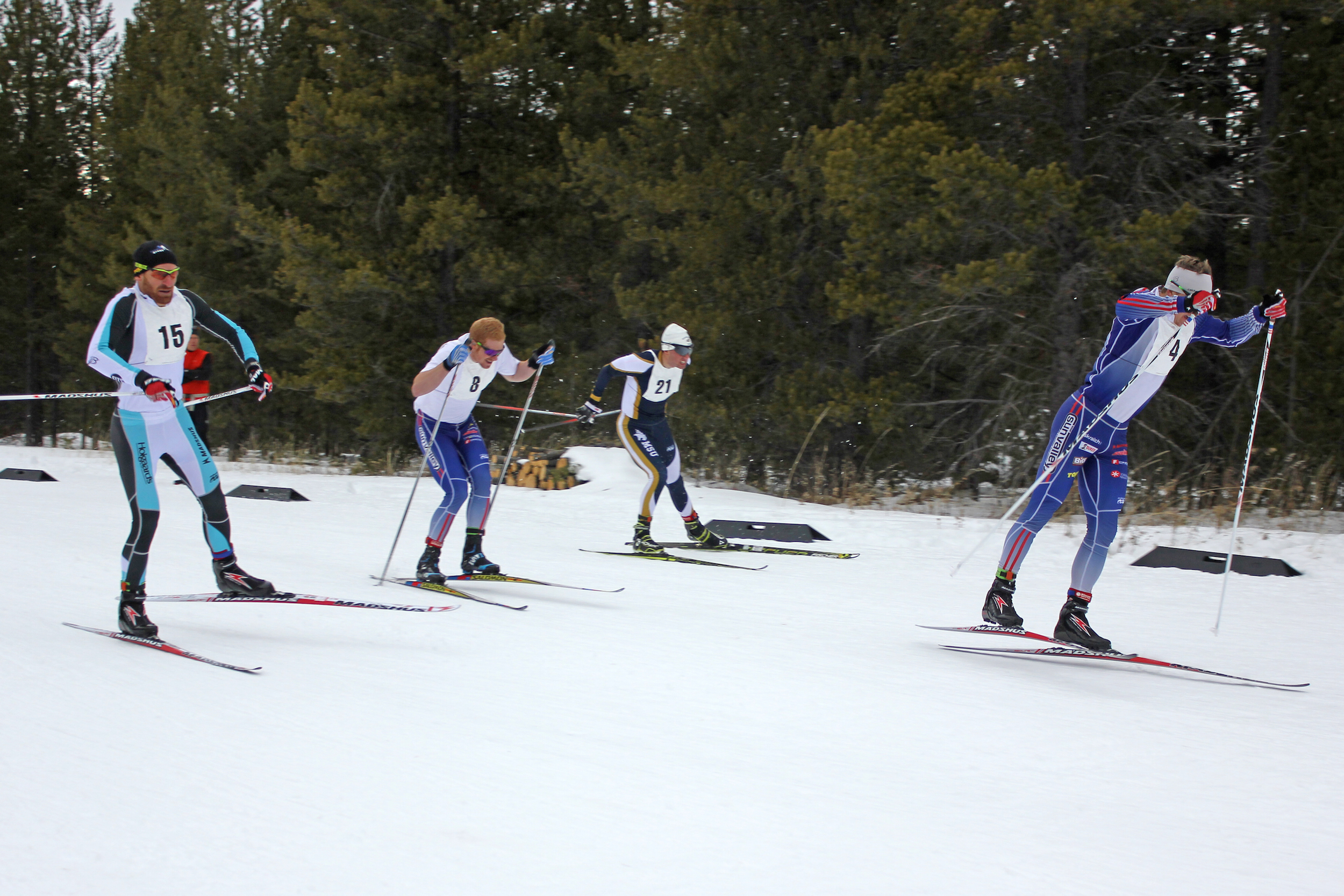 Sun Valley's Miles Havlick leads (from l-r) Brian Gregg (Team Gregg), Matt Gelso (SVSEF), and Forrest Mahlen in Friday's B-final at the 2014 SuperTour freestyle sprint in West Yellowstone. 