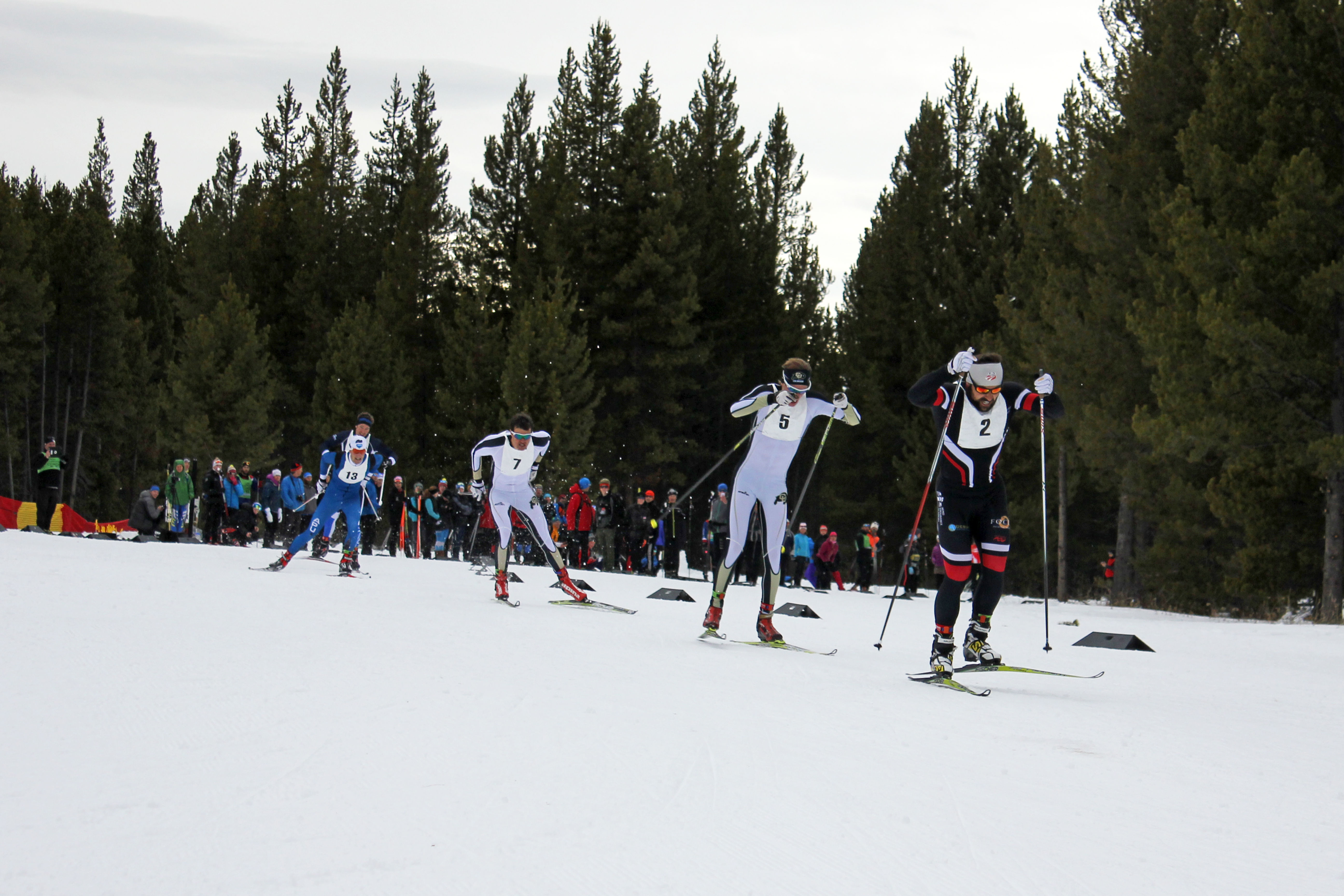 Dakota Blackhorse-von Jess of Bend Endurance Academy (r) leads (from r-l) Mads Stroem (CU), Rune Oedegaard (CU), and Eric Packer (APU) in the A-final of Friday's Super Tour freestyle sprint in West Yellowstone.  
