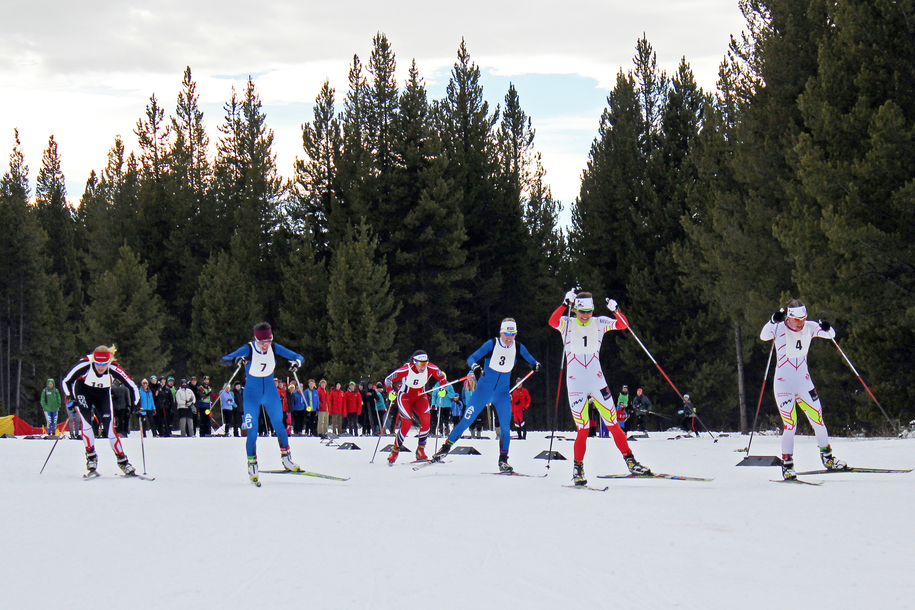 Alyson Marshall (AWCA/NST) in bid four and Heidi Widmer (AWCA/NST) in bib one lead (from l-r) Rosie Brennan (APU), Eva Severrus (UNM), Chelsea Holmes (APU) and Jennie Bender (BSF) in the women's A-final of the 2014 West Yellowstone SuperTour freestyle sprint. Marshall won the event with Widmer and Bender finishing second and third.  