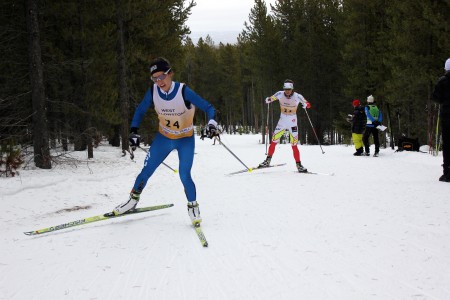 Chelsea Holmes (APU) is pursued by Heidi Widmer (AWCA-NST) in the women's 10 k individual start freestyle in West Yellowstone, Mont. Holmes finished in third while Widmer would finish in ninth place. 