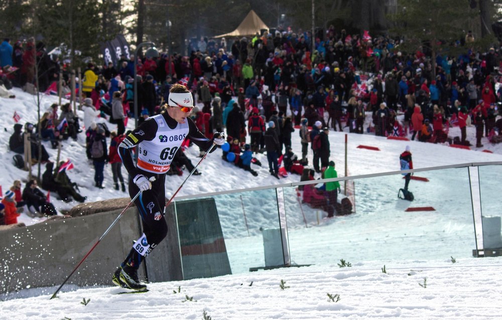 Reese Hanneman racing at the world-famous Holmenkollen last March, when he placed 56th in the 50 k classic mass start. (Photo: Jennie Bender)