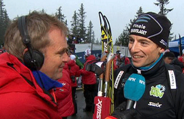 Alexander Os interviewed by Norway's NRK television station after winning the biathlon sprint in Sjusjøen today.