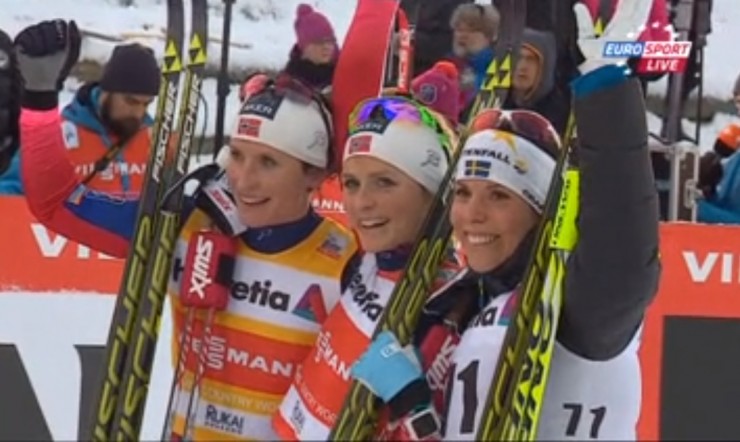 Bjørgen (l), Johaug (c) and Kalla get together after the women's 10 k classic on Sunday, the first World Cup distance race of the season in Kuusamo, Finland. 