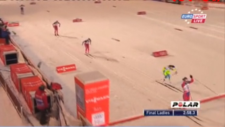 Marit Bjørgen (r) celebrates her win in Saturday's women's sprint final in Kuusamo, ahead of Katja Visnar (Slovenia) in second, Falla (Norway) in third, Østberg (Norway) in fourth, and American Sargent (l) in fifth, ahead of Russia's Matveeva (not shown).