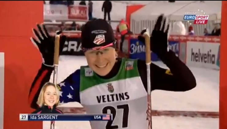 Ida Sargent smiles at the camera before the start of the women's classic sprint final on Saturday in Kuusamo, Finland. 