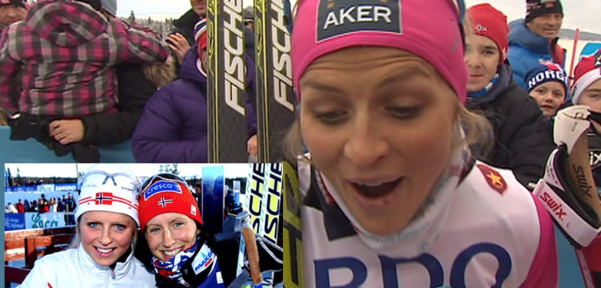 Therese Johaugs reacts when reporters show her a photo of herself and Marit Bjørgen from eight years ago in Beitostølen, the same place where Johaug won the opening race of the season on Friday. (Photo: NRK)