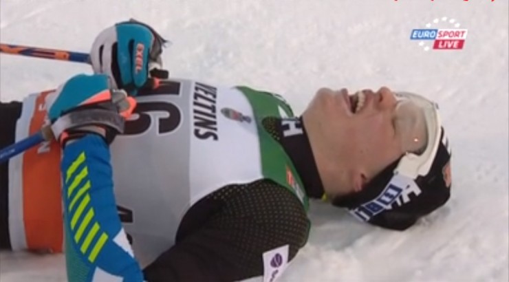 An exhausted Iivo Niskanen at the finish of Sunday's  15 k classic in Kuusamo, Finland, which he won for his first World Cup podium.