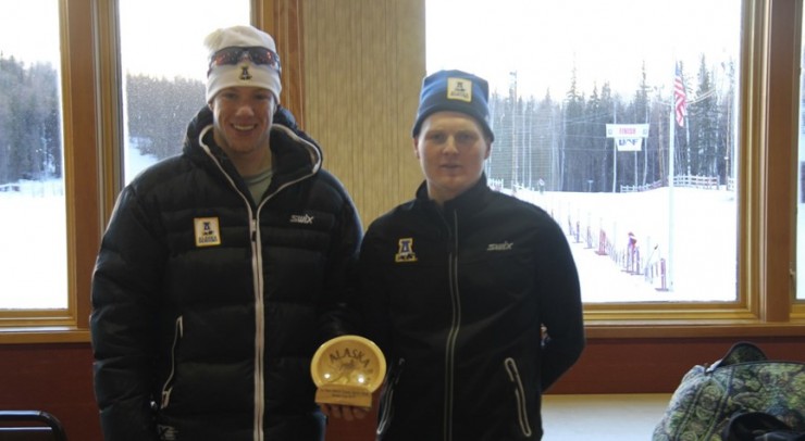 Logan Hanneman and Hallvard Evjestad partnered to win the men's relay in the 2014 Alaska Nordic Cup. (Photo: UAF Athletics/AlaskaNanooks.com)