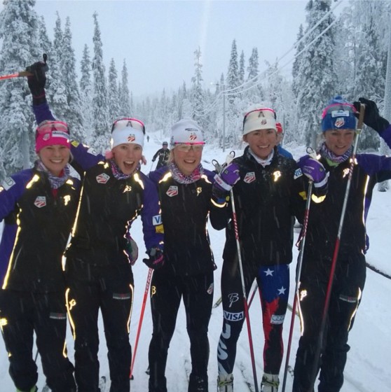 The U.S. Ski Team women earlier this week while training in Muonio, Finland. From left to right: Jessie Diggins, Kikkan Randall, Ida Sargent, Sophie Caldwell, and Sadie Bjornsen. (Photo: Ida Sargent/Instagram)