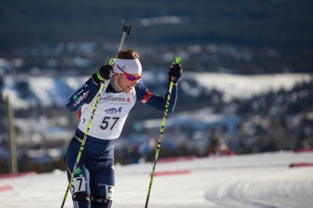 Max Durtschi, who attended last year's tryout camp, racing in his U.S. biathlon duds at a NorAm competition in Canmore, Alberta, this winter. (Photo: Jakob Ellingson)