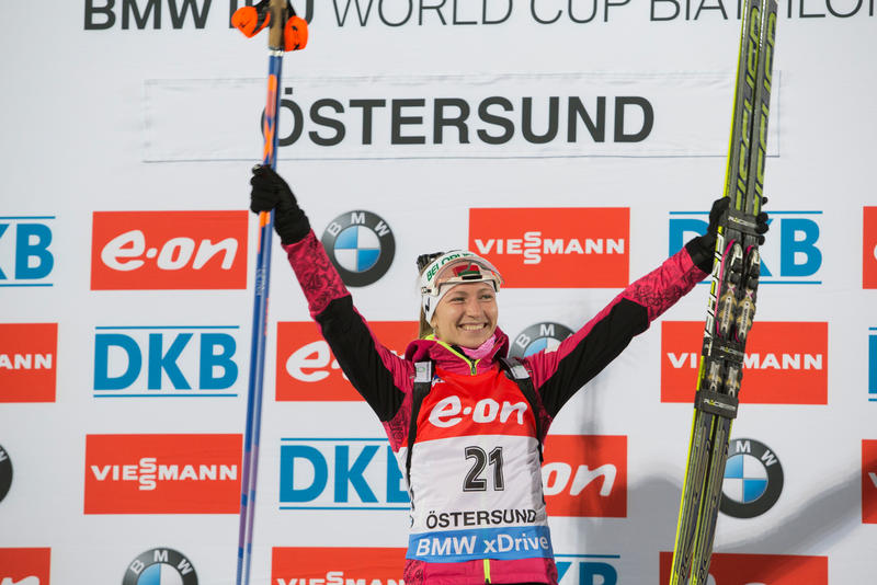 Darya Domracheva celebrates her 20th World Cup victory on Thursday in the 15 k individual in Östersund, Sweden. (Photo: IBU/NordicFocus)