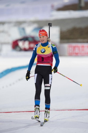Finland's Kaisa Mäkäräinen after winning the IBU World Cup pursuit last Sunday in Östersund, Sweden. Five days later, she repeated with a sprint victory in Hochfilzen, Austria. (Photo: IBU/NordicFocus) 
