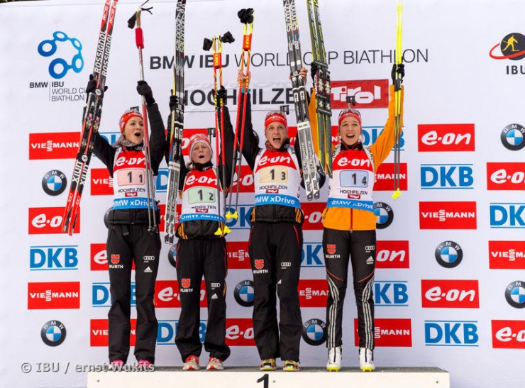 The German women's relay atop the podium on Saturday at the Hochfilzen World Cup: (from left to right)  Luise Kummer, Franziska Hildebrand, Vanessa Hinz, and Franziska Preuss. (Photo: IBU/Ernst Wukits)