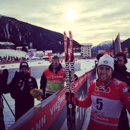 Federico Pellegrino (r) after his first World Cup victory, in the 1.4 k skate sprint in Davos, Switzerland, in December. (Photo: FIS Cross Country/Twitter)