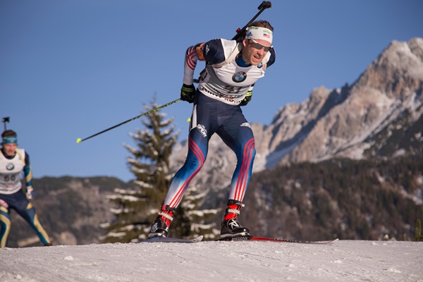 Lowell Bailey (US Biathlon) racing to 17th in Friday's 10 k sprint at the IBU World Cup in Hochfilzen, Austria. (Photo: USBA/NordicFocus)