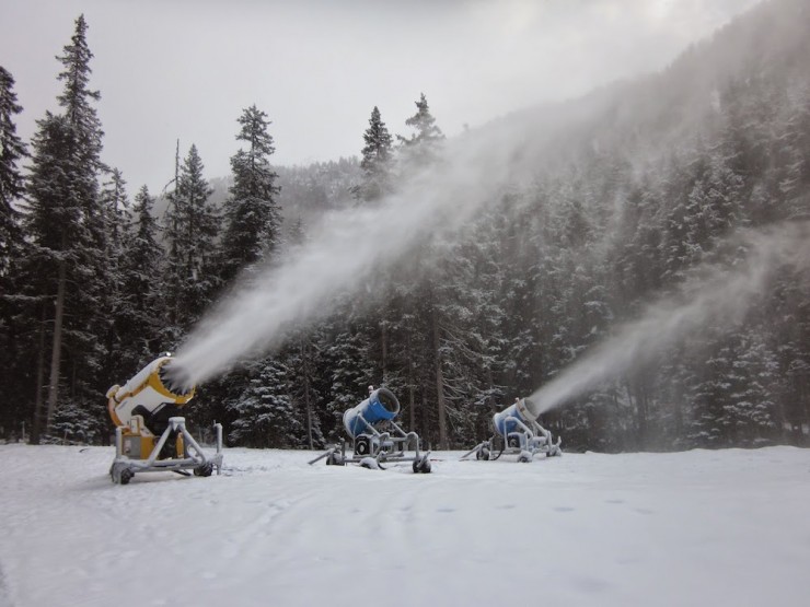 The Davos Organizing Committee is producing snow up high for the World Cup races this weekend. (Photo: Holly Brooks)