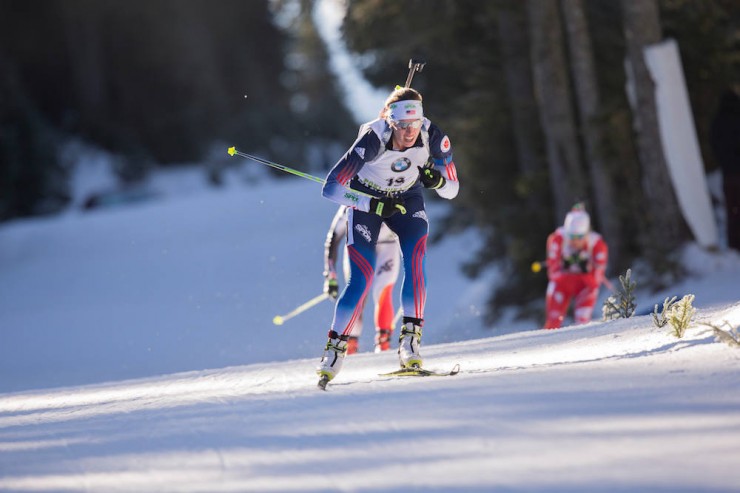 Susan Dunklee (US Biathlon) racing to 28th in the women's IBU World Cup 10 k pursuit on Saturday in Pokljuka, Slovenia. (Photo: USBA/NordicFocus)