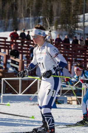 Brian Halligan (Maine Winter Sports Center/USBA Development Team) competing in the NorAm mass start in Canmore, Alberta, on December 7. Halligan later swept all three junior men's races at World Youth and Junior Trials in Mount Itasca, Minnesota. (Photo: Jakob Ellingson.)
