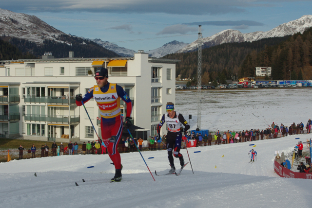 Martin Johnsrud Sundby (NOR, left) was thrilled to have some kick on his skis in the last 5 k of today's 15 k World Cup, even if it had slowed him down earlier in the race. American skier Erik Bjornsen (right) finished 48th.