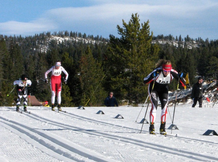 Jennie Bender (Bridger Ski Foundation) leads (from r-l) Erika Flowers (SMS) and Katharine Ogden (SMS) into the stadium during the second quarterfinal during the women's SuperTour sprint classic at Bohart Ranch near Bozeman, Mont.  
