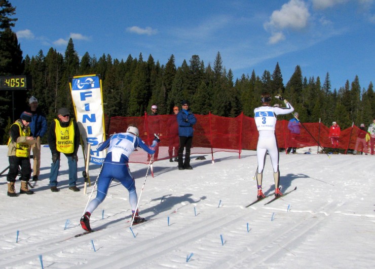 Mads Strøm (CU) celebrates after winning the men's SuperTour 15 k classic mass start near Bozeman, Mont., while Miles Havlick (SVSEF) finishes 0.7 seconds behind. 