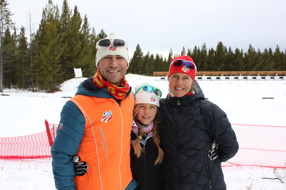 U.S. Ski Team Head Coach Chris Grover with his wife Svea and one of his daughters at the Rendezvous Ski Trails last week in West Yellowstone, Mont.
