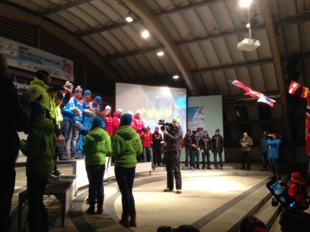 The Hochfilzen World Cup men's relay awards ceremony on Saturday night, with Canada (far right) in sixth. (Photo: Matthias Ahrens)