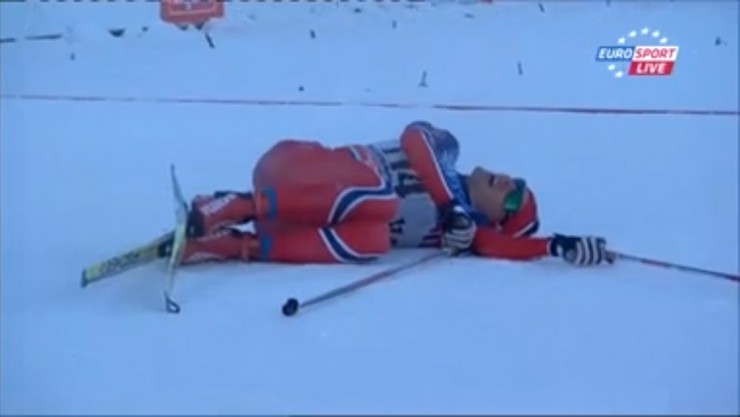 Finn Hågen Krogh after pushing himself well past the red zone to challenge Norwegian teammate Martin Johnsrud Sundby (not shown) for the win in Saturday's 10 k freestyle individual start at the Lillehammer World Cup. Krogh was 2.2 seconds off the mark for second.