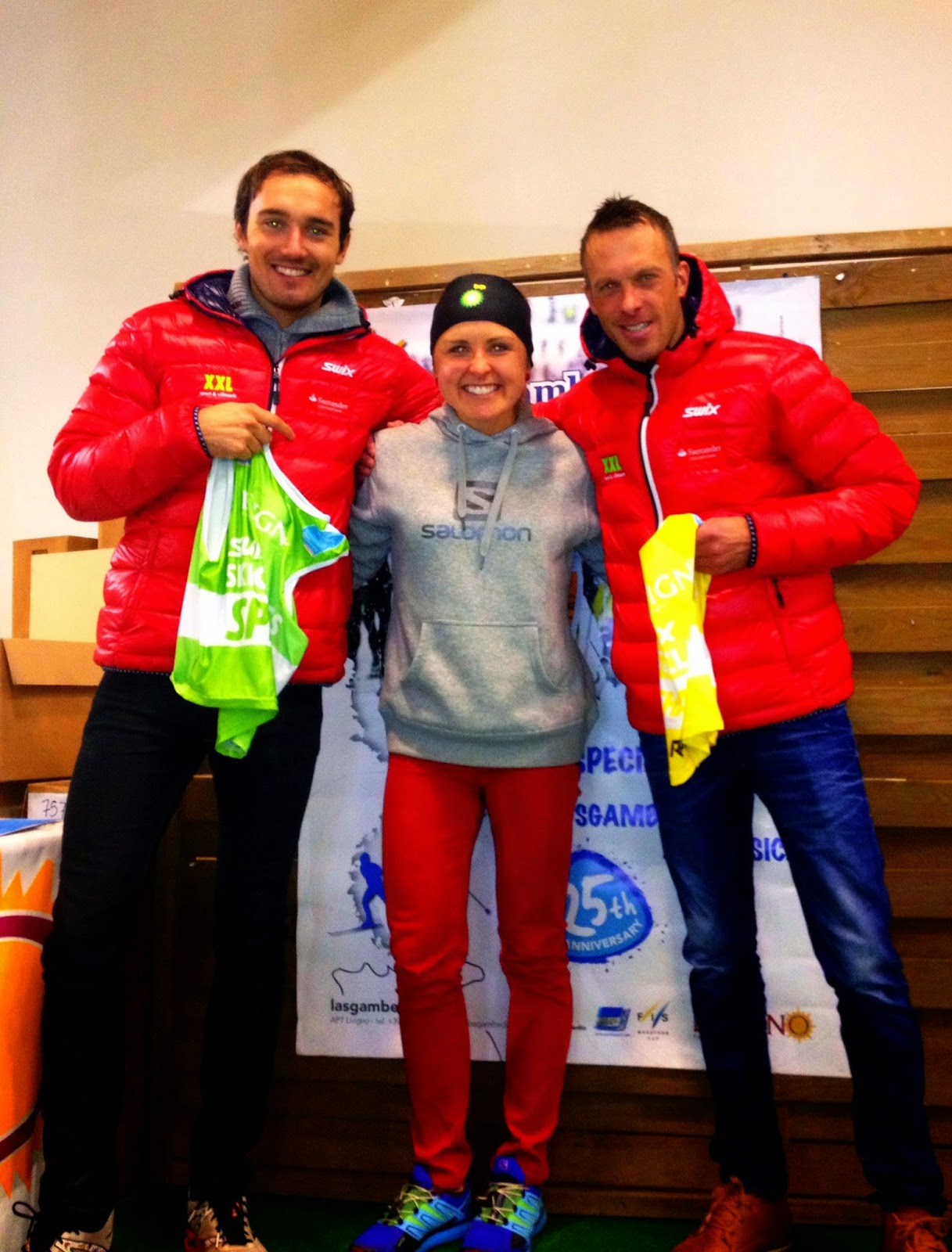 Holly Brooks (c) with Santander teammates Andreas Nygård (l) and Anders Aukland (r) who are the current sprint and overall leaders of the Swix Ski Classics. (Photo: Holly Brooks)