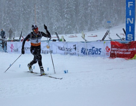 Andrew Pohl of the New Zealand Ski Team crossing the line in 15th in the men's  NorAm 30 k freestyle interval start on Dec. 20 at Sovereign Lake, B.C. (Photo: Frances Weeks)